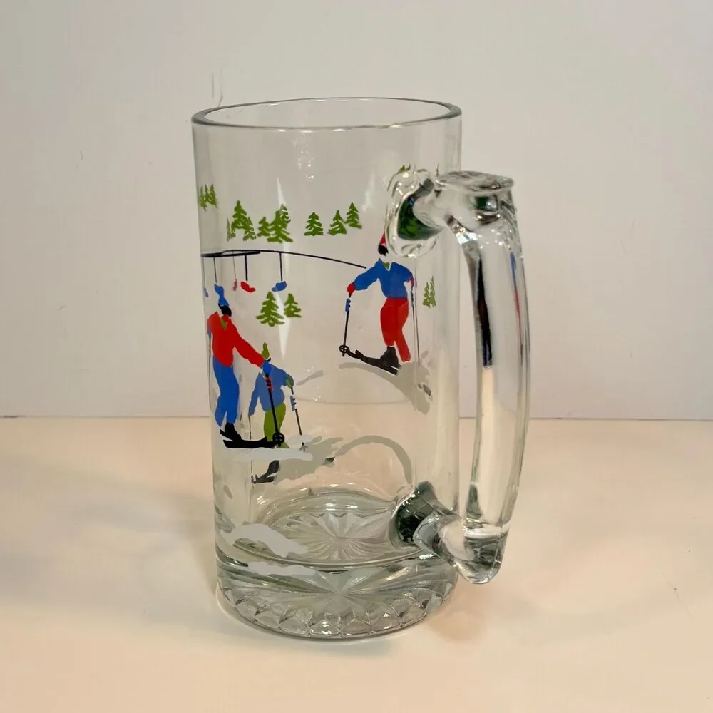 Vintage Ashby Ski Beer Mug Glass Skiers Chairlift Winter Barware